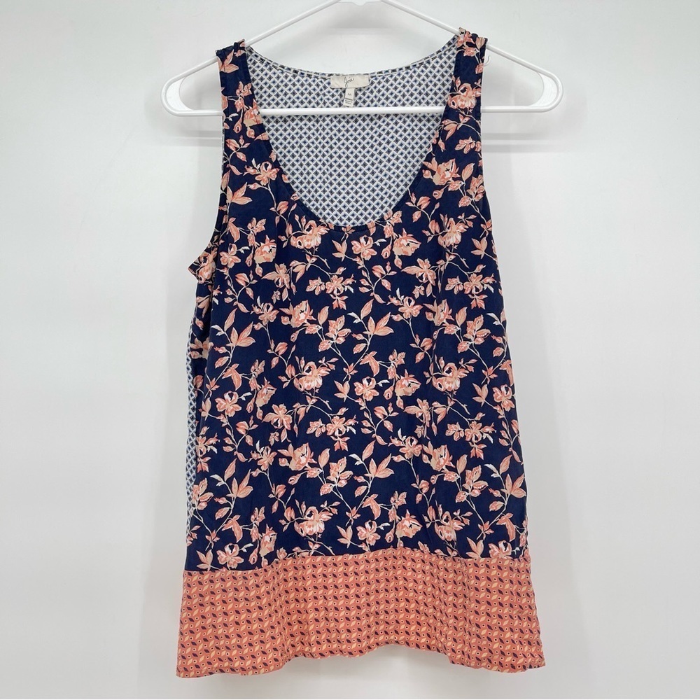 JOIE Floral Sleeveless Pure Silk Top Navy Blue Peach Medium